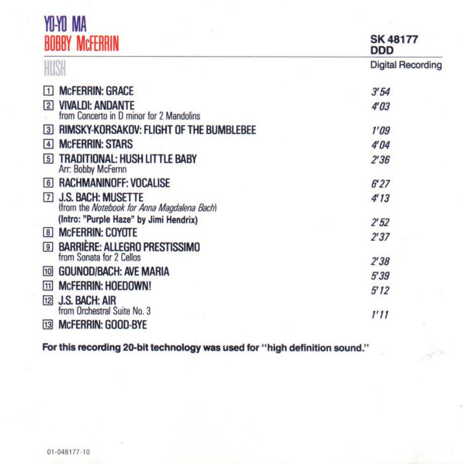 Carátula Interior Frontal de Bobby Mcferrin Yo Yo Ma Hush Portada