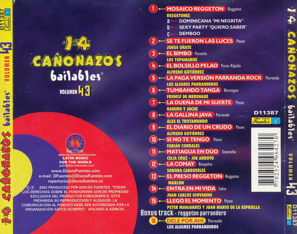 Cartula Trasera de 14 Caonazos Bailables Volumen 43