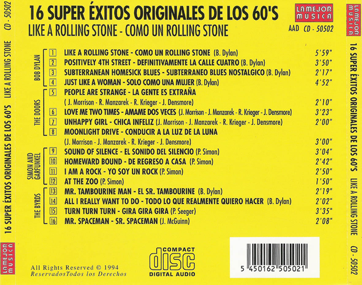 Cartula Trasera de 16 Superhits Originales De Los 60's Like A Rolling Stone