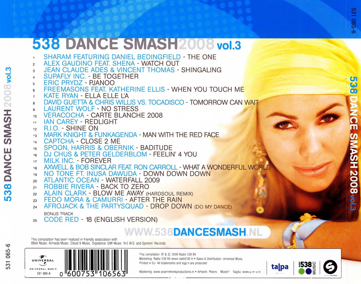 Cartula Trasera de 538 Dance Smash 2008 Volume 3