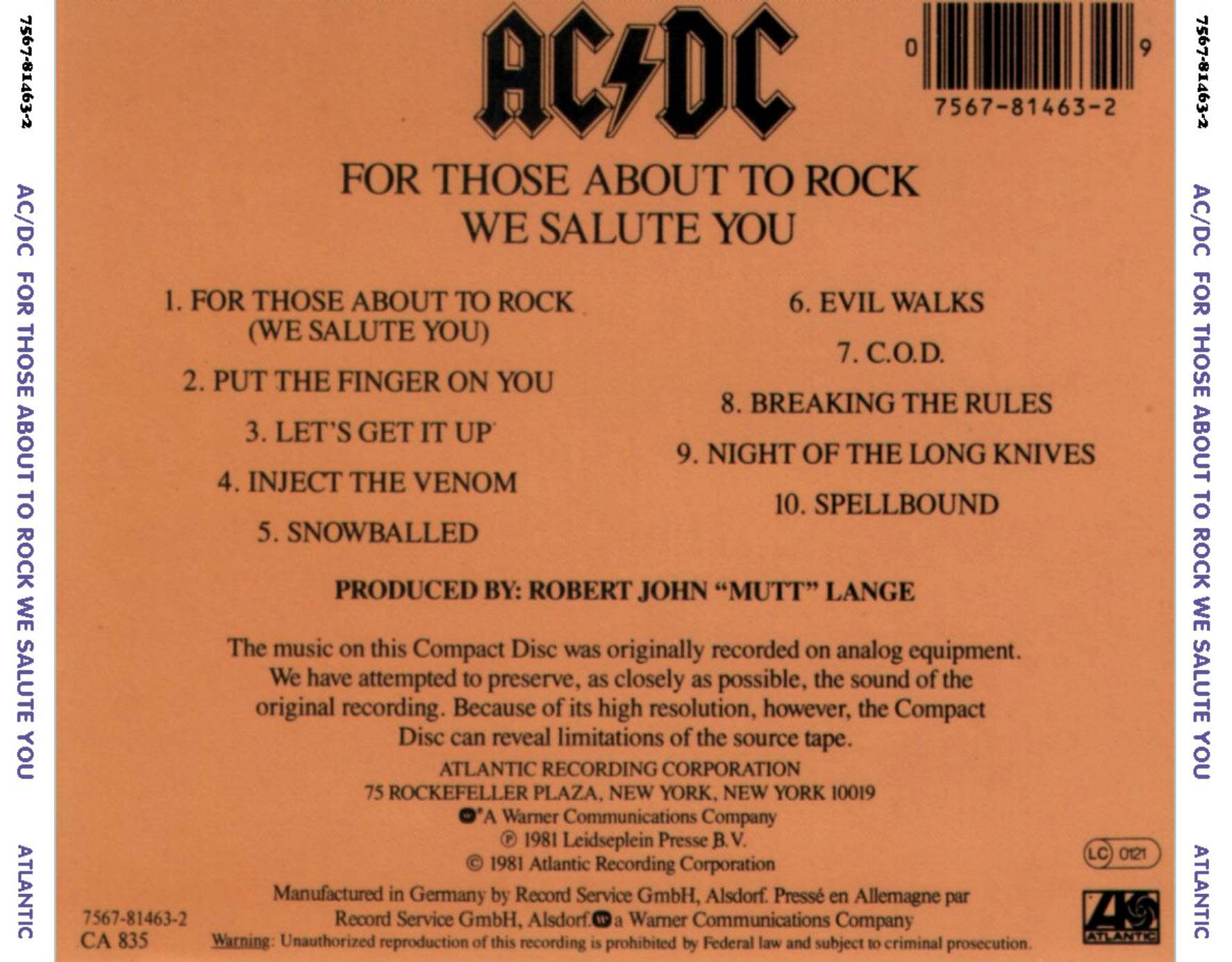 Cartula Trasera de Acdc - For Those About To Rock