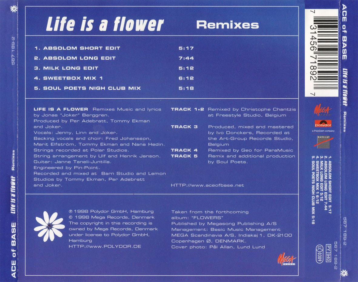 Cartula Trasera de Ace Of Base - Life Is A Flower (Remixes) (Cd Single)