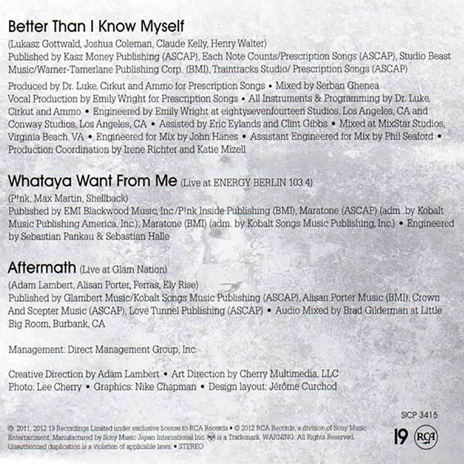 Cartula Interior Frontal de Adam Lambert - Better Than I Know Myself (Cd Single)