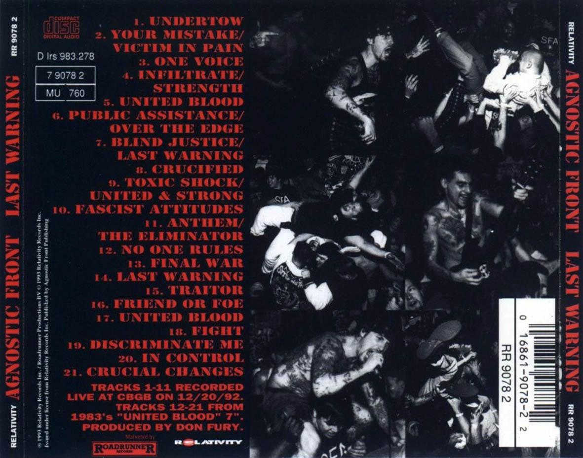 Cartula Trasera de Agnostic Front - Last Warning