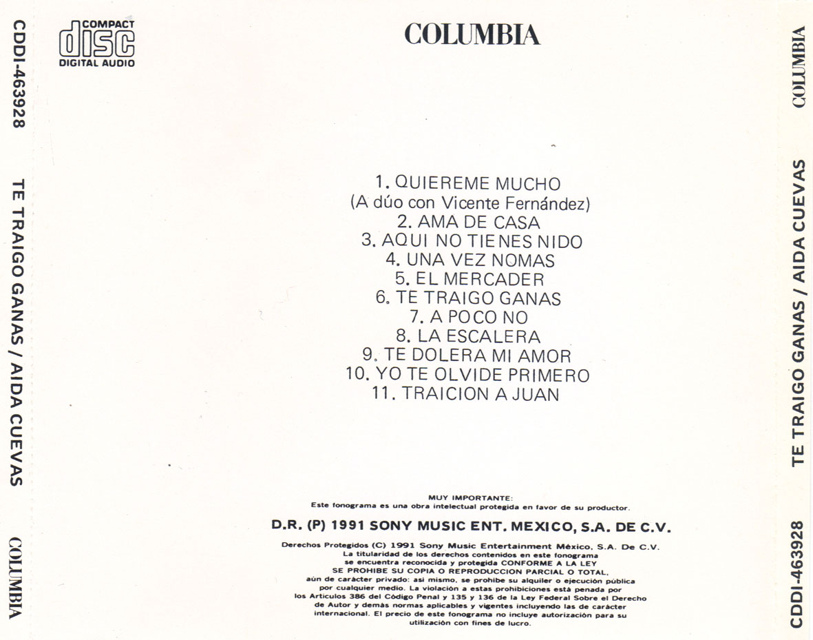 Cartula Trasera de Aida Cuevas - Te Traigo Ganas