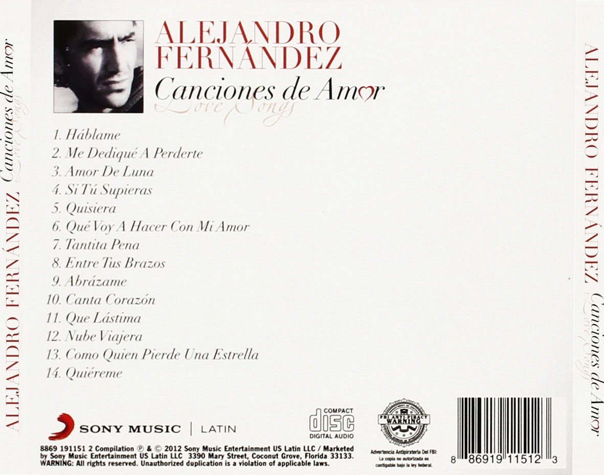 Cartula Trasera de Alejandro Fernandez - Canciones De Amor