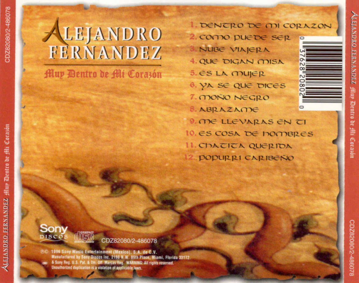 Cartula Trasera de Alejandro Fernandez - Muy Dentro De Mi Corazon