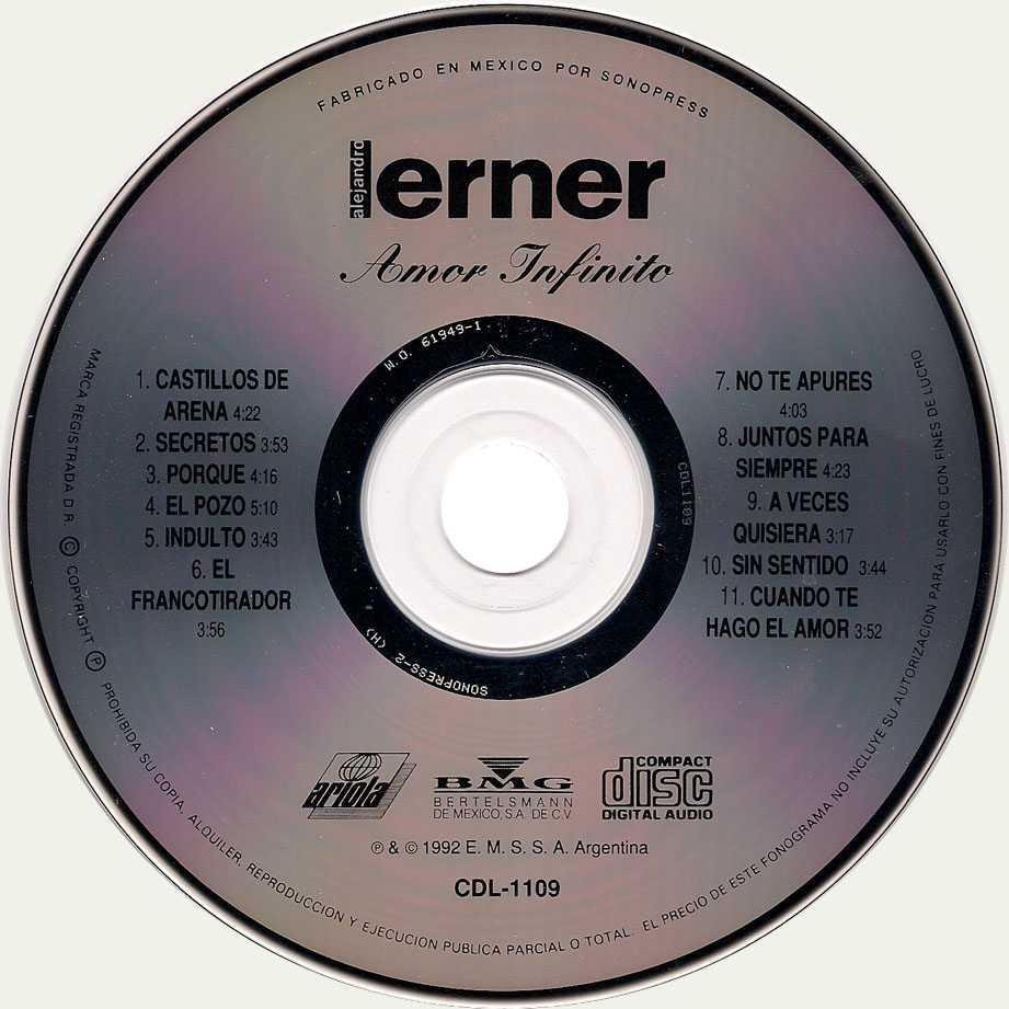 Cartula Cd de Alejandro Lerner - Amor Infinito (Edicion Mexicana)
