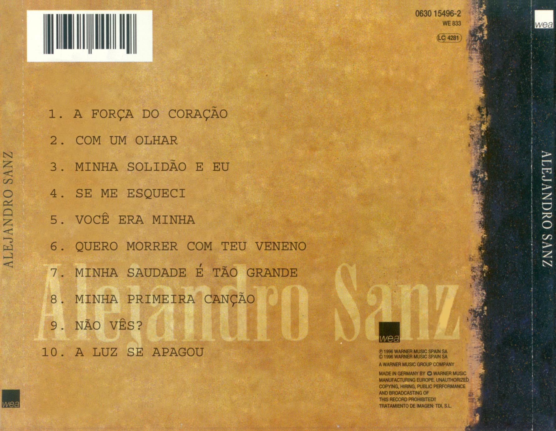 Cartula Trasera de Alejandro Sanz - Alejandro Sanz (Version Portuguesa)