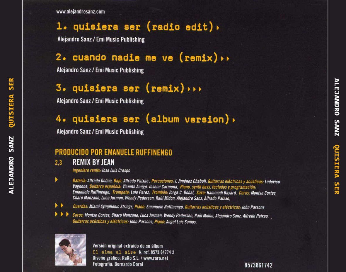 Cartula Trasera de Alejandro Sanz - Quisiera Ser (Cd Single)