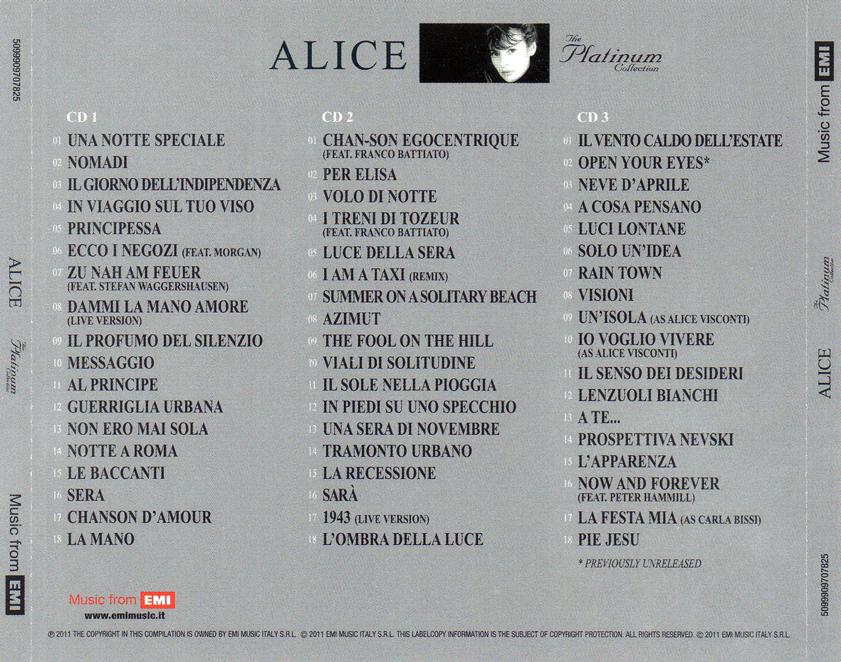Cartula Trasera de Alice - The Platinum Collection