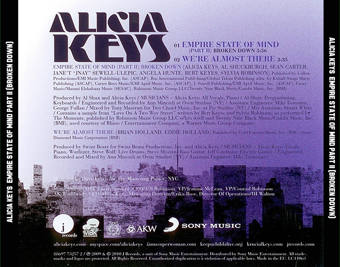 Cartula Trasera de Alicia Keys - Empire State Of Mind, Part Ii: Broken Down (Cd Single)