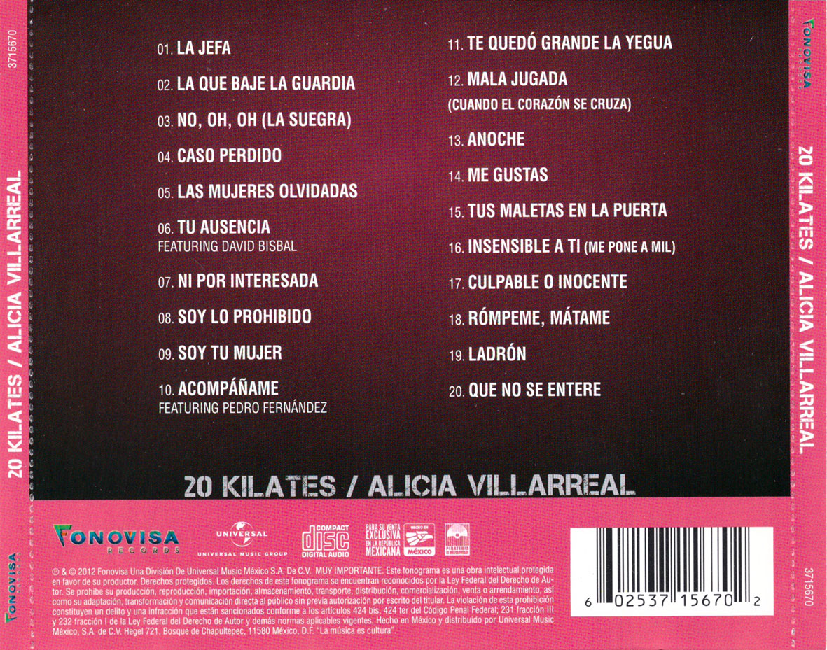 Cartula Trasera de Alicia Villarreal - 20 Kilates