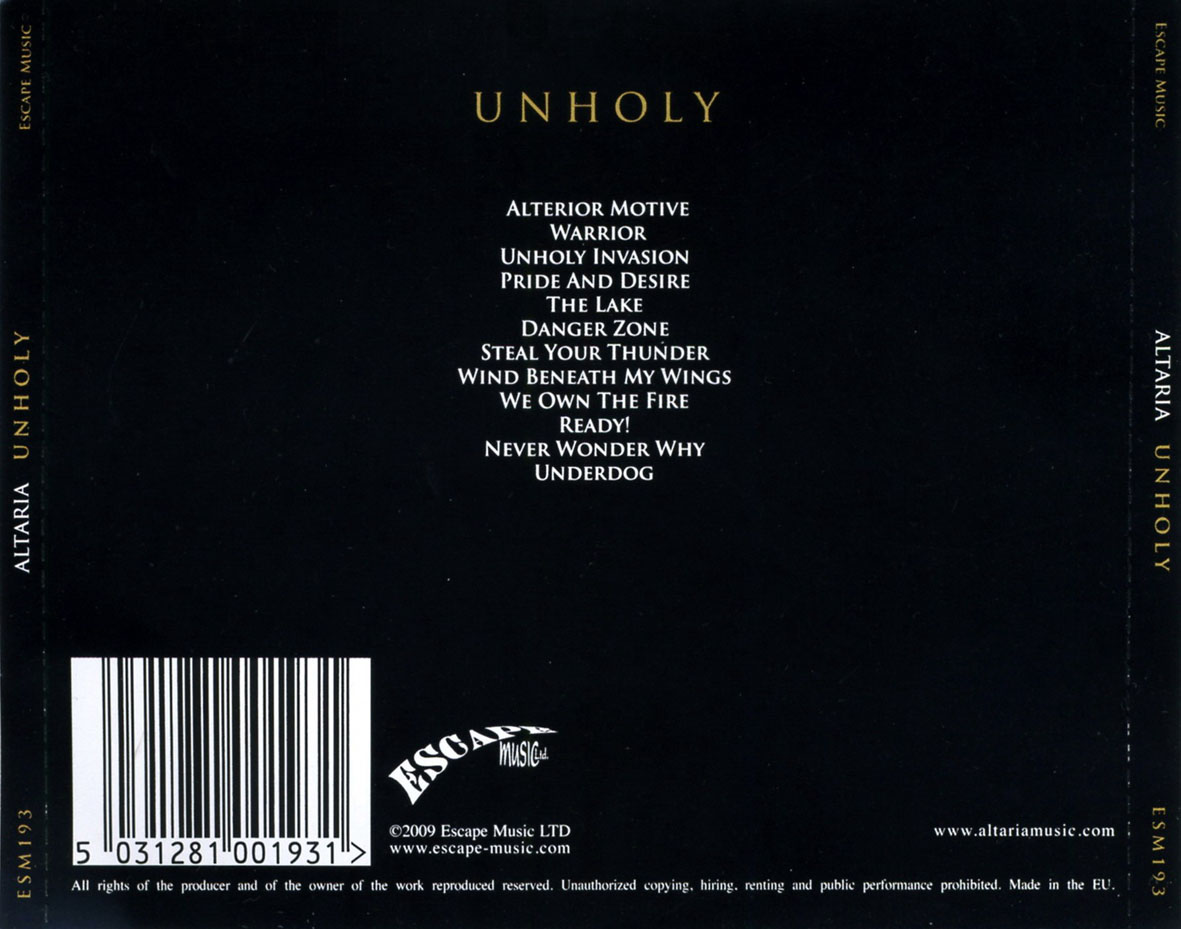 Cartula Trasera de Altaria - Unholy