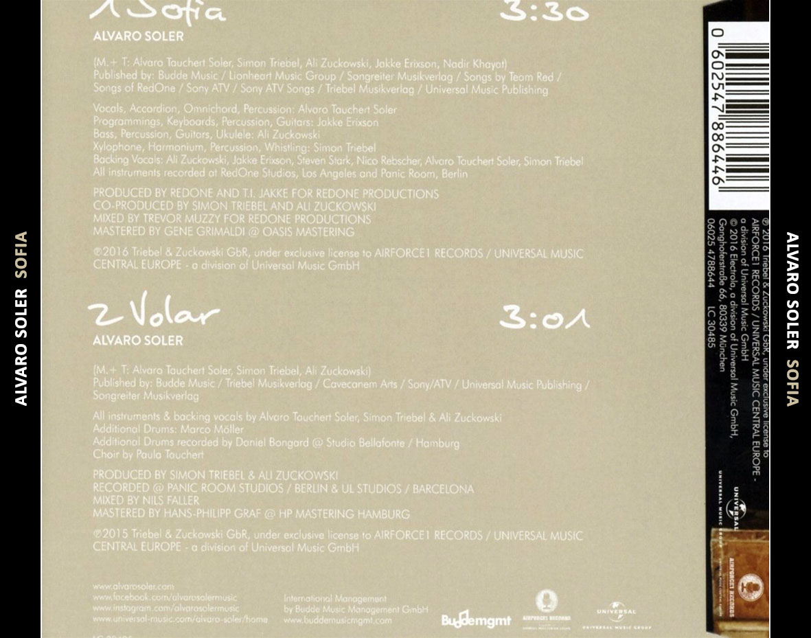 Cartula Trasera de Alvaro Soler - Sofia (Cd Single)