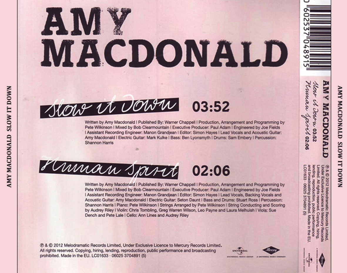 Cartula Trasera de Amy Macdonald - Slow It Down (Cd Single)