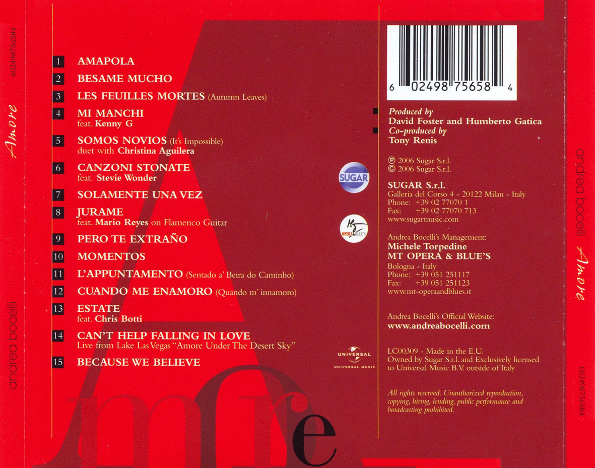 Cartula Trasera de Andrea Bocelli - Amore (Uk Special Editon)