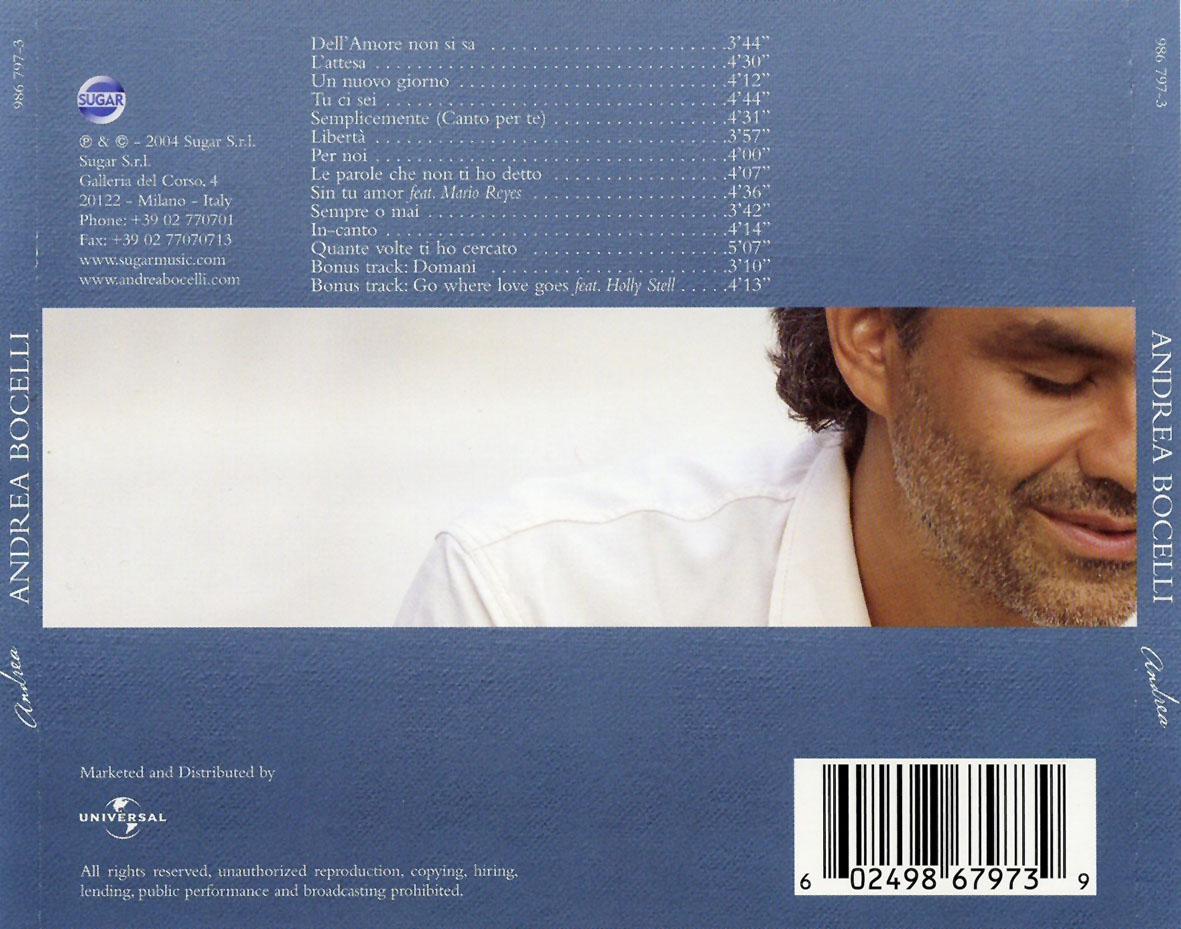 Cartula Trasera de Andrea Bocelli - Andrea (Special Edition)