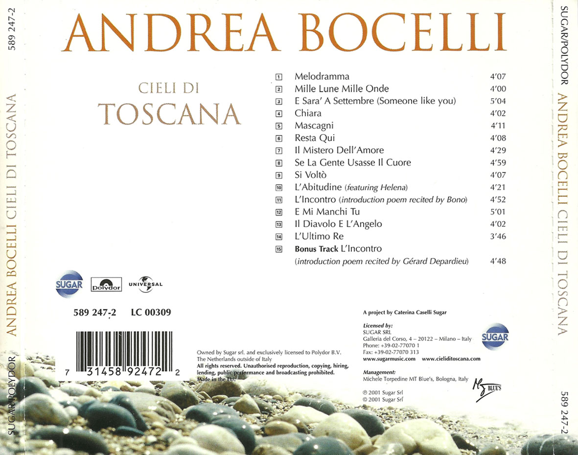 Cartula Trasera de Andrea Bocelli - Cieli Di Toscana (France Version)