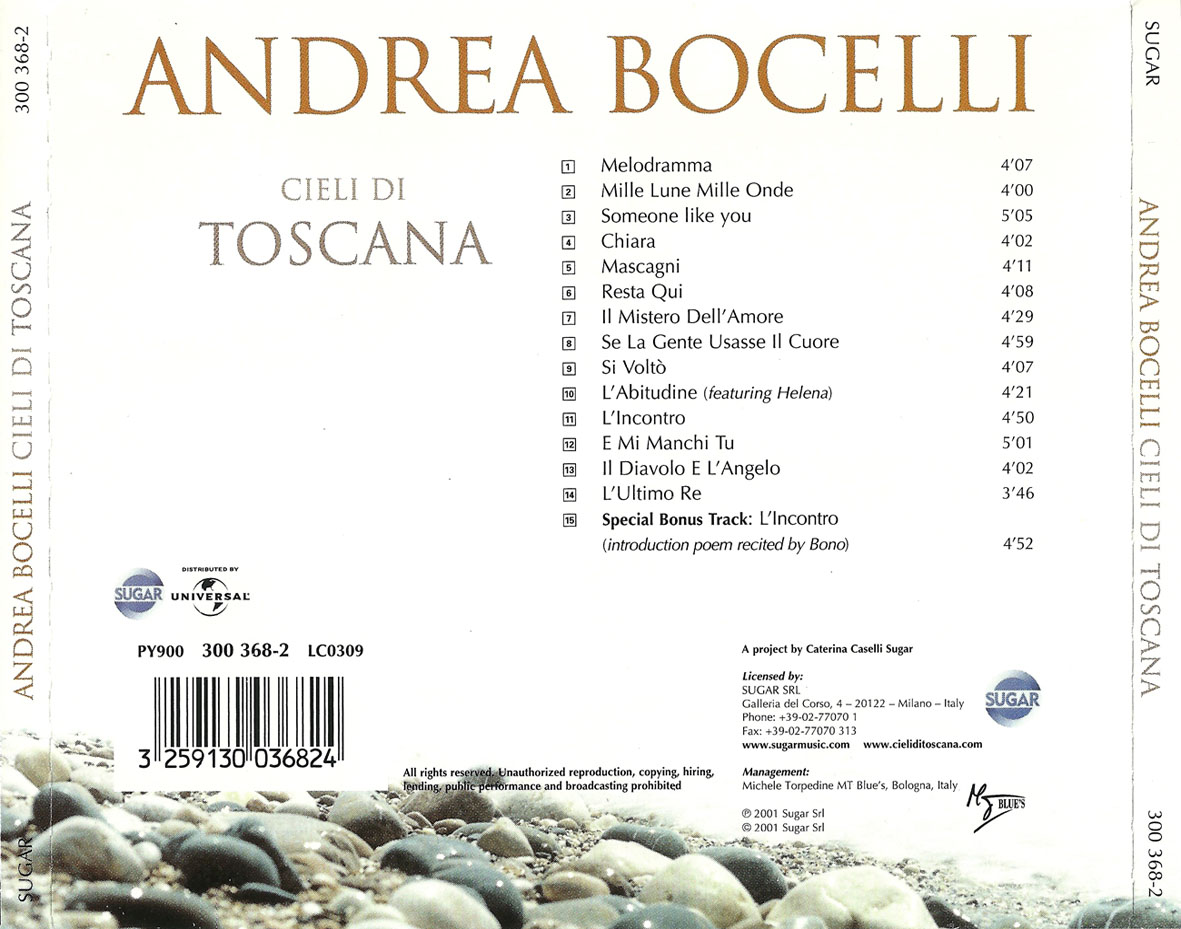 Cartula Trasera de Andrea Bocelli - Cieli Di Toscana (Italian Special Edition)