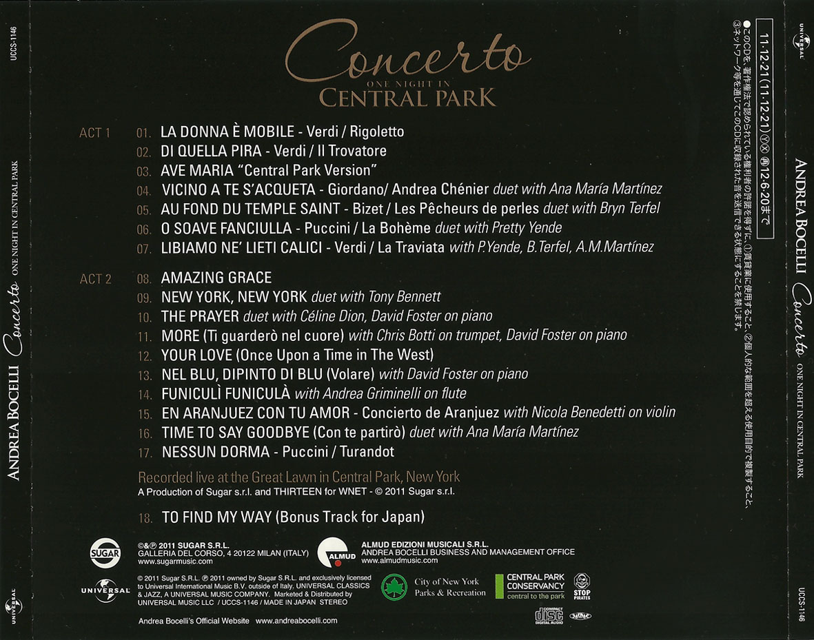 Cartula Trasera de Andrea Bocelli - Concerto: One Night In Central Park (Japanese Edition)