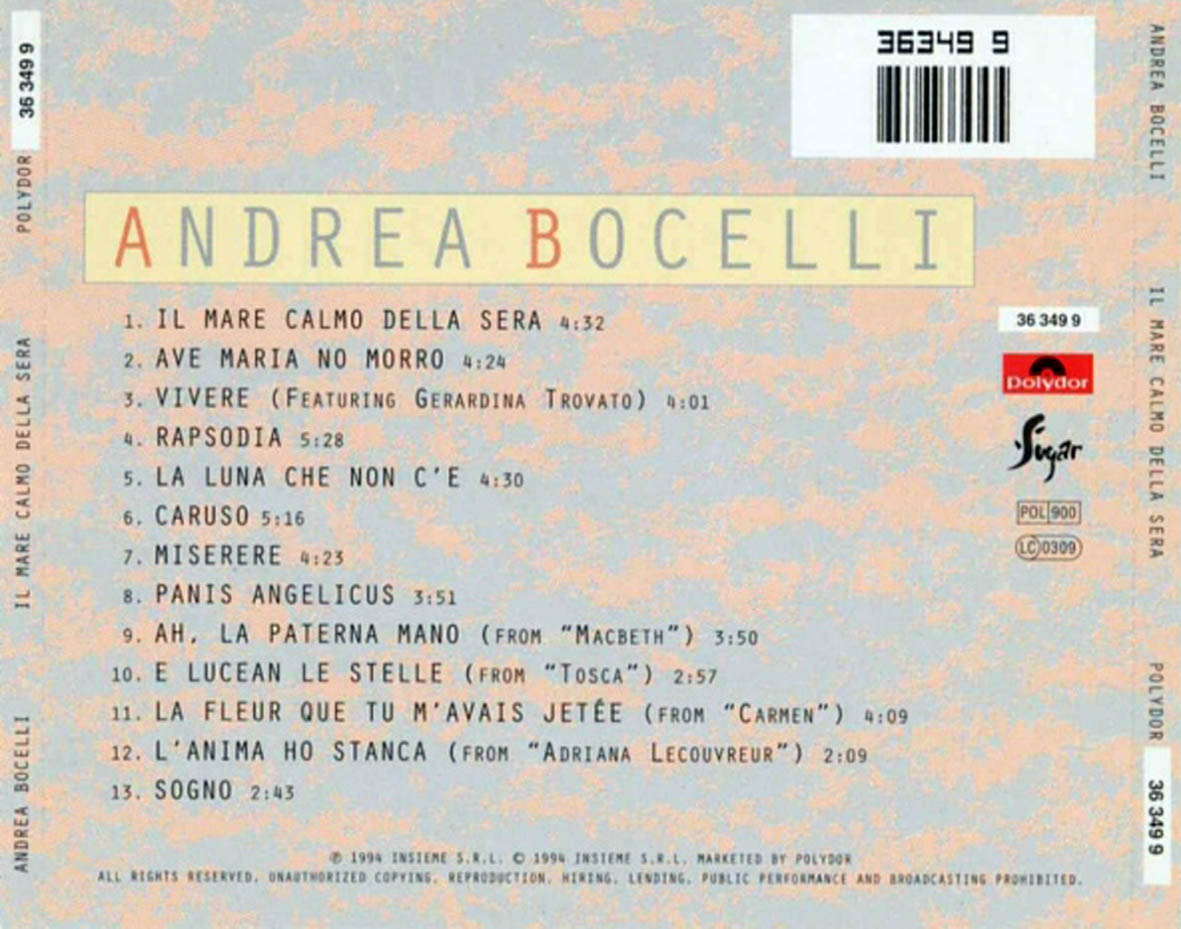 Cartula Trasera de Andrea Bocelli - Il Mare Calmo Della Sera