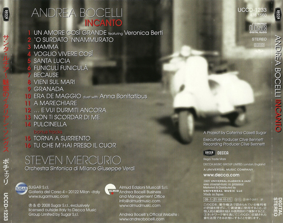 Cartula Trasera de Andrea Bocelli - Incanto (Japanese Edition)