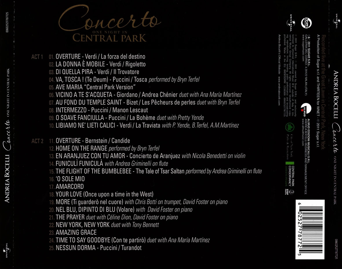 Cartula Trasera de Andrea Bocelli - One Night In Central Park (Deluxe Edition)