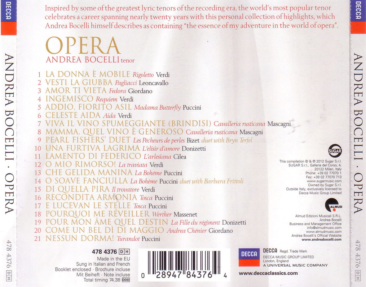 Cartula Trasera de Andrea Bocelli - Opera