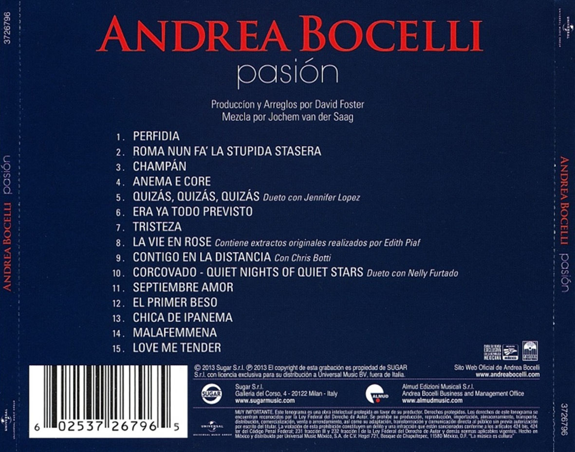 Cartula Trasera de Andrea Bocelli - Pasion