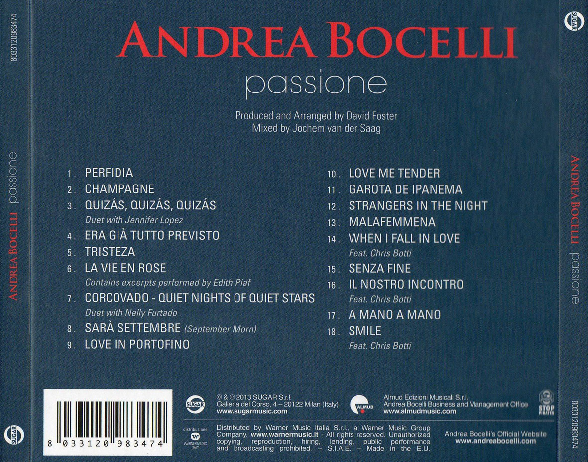 Cartula Trasera de Andrea Bocelli - Passione (Deluxe Edition)