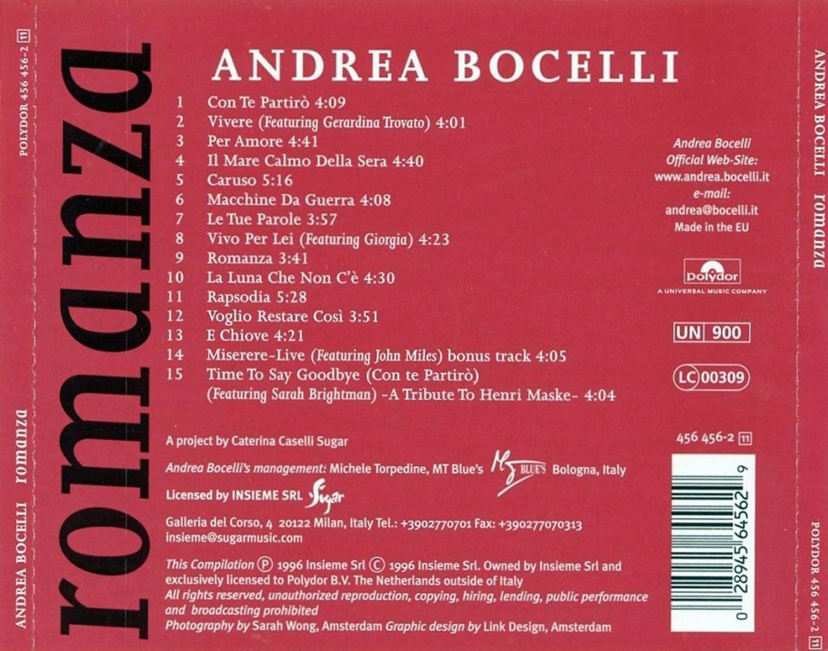 Cartula Trasera de Andrea Bocelli - Romanza (Special Edition)