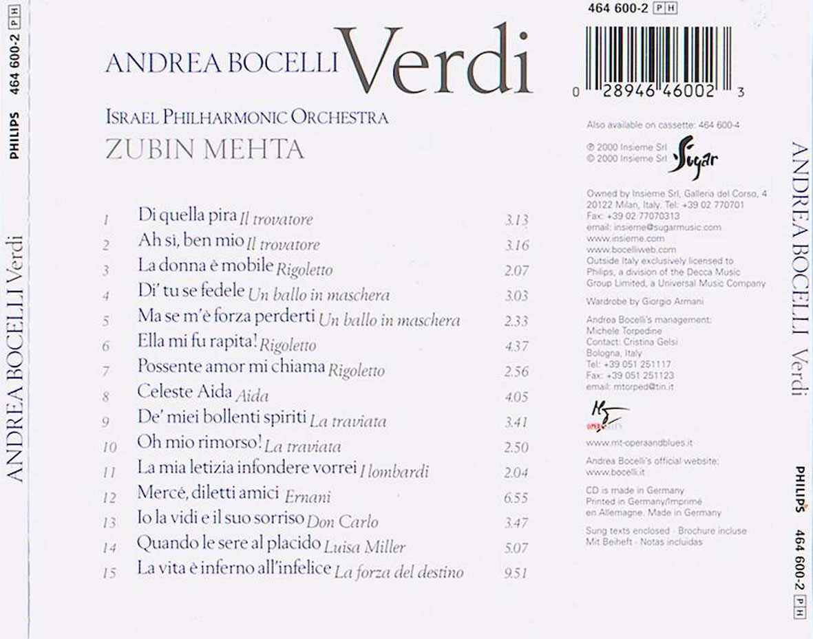 Cartula Trasera de Andrea Bocelli - Verdi