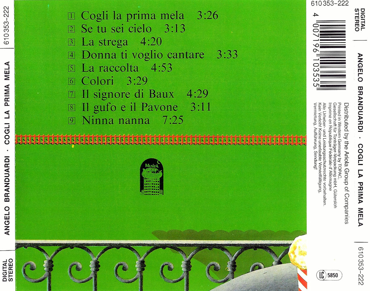 Cartula Trasera de Angelo Branduardi - Cogli La Prima Mela