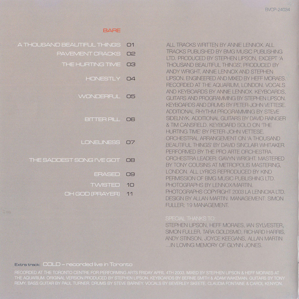 Cartula Interior Frontal de Annie Lennox - Bare (Japan Edition)