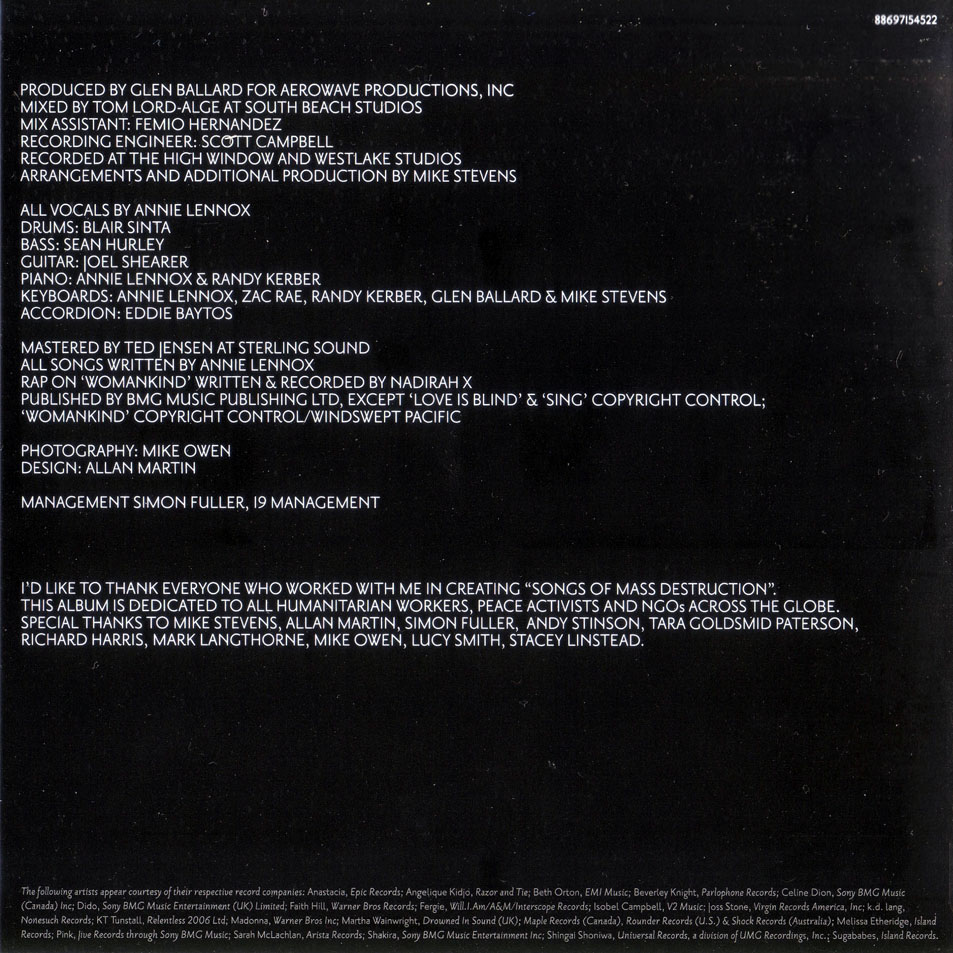 Cartula Interior Frontal de Annie Lennox - Songs Of Mass Destruction