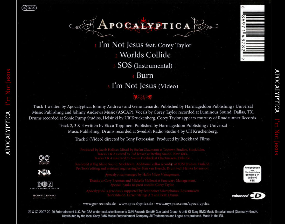 Cartula Trasera de Apocalyptica - I'm Not Jesus (Featuring Corey Taylor) (Cd Single)