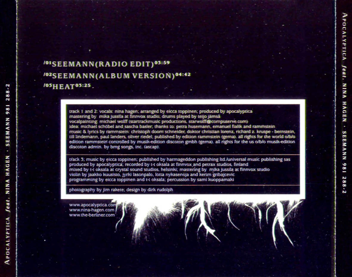 Cartula Trasera de Apocalyptica Feat Nina Hagen - Seemann (Cd Single)