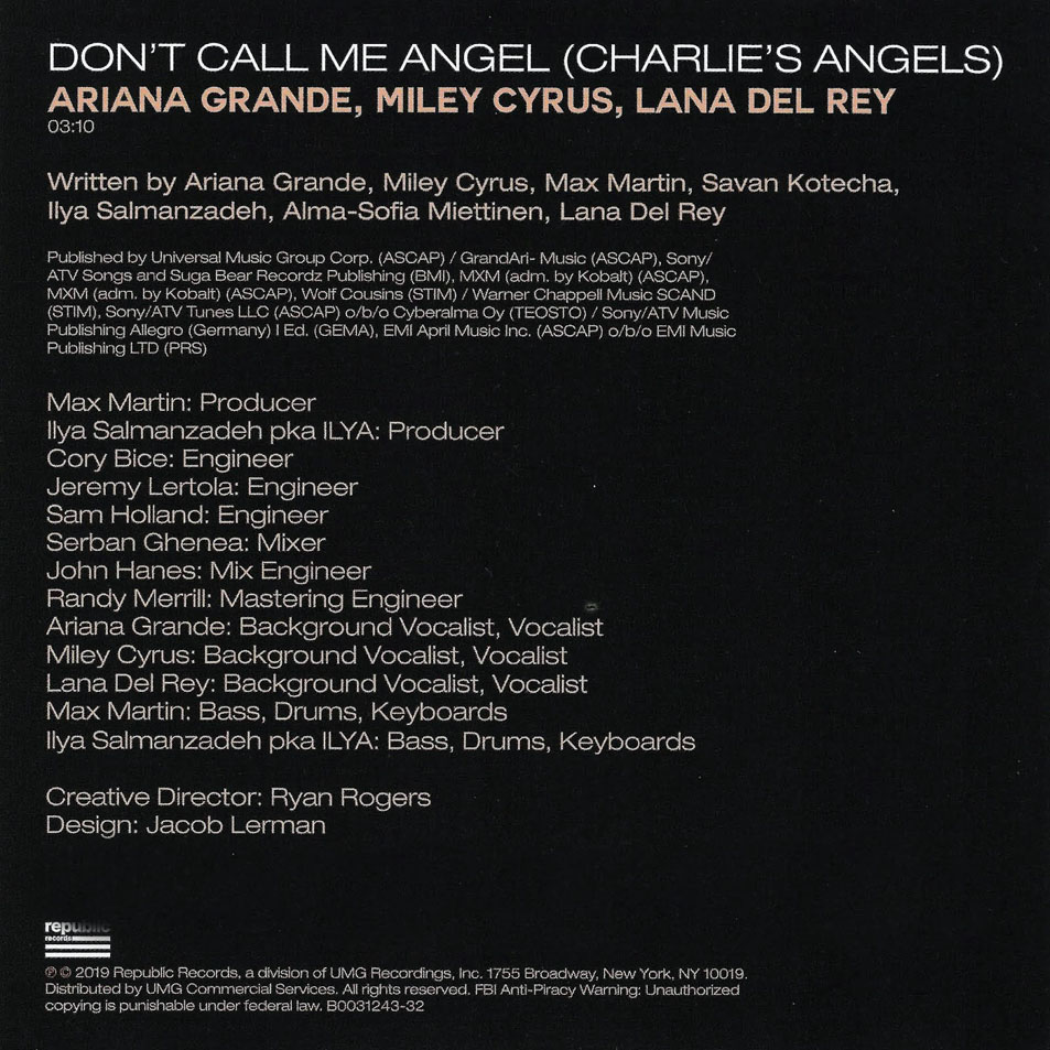 Cartula Interior Frontal de Ariana Grande - Don't Call Me Angel (Charlie's Angels) (Featuring Miley Cyrus & Lana Del Rey) (Cd Single)