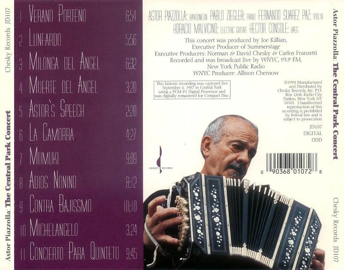 Cartula Trasera de Astor Piazzolla - The Central Park Concert