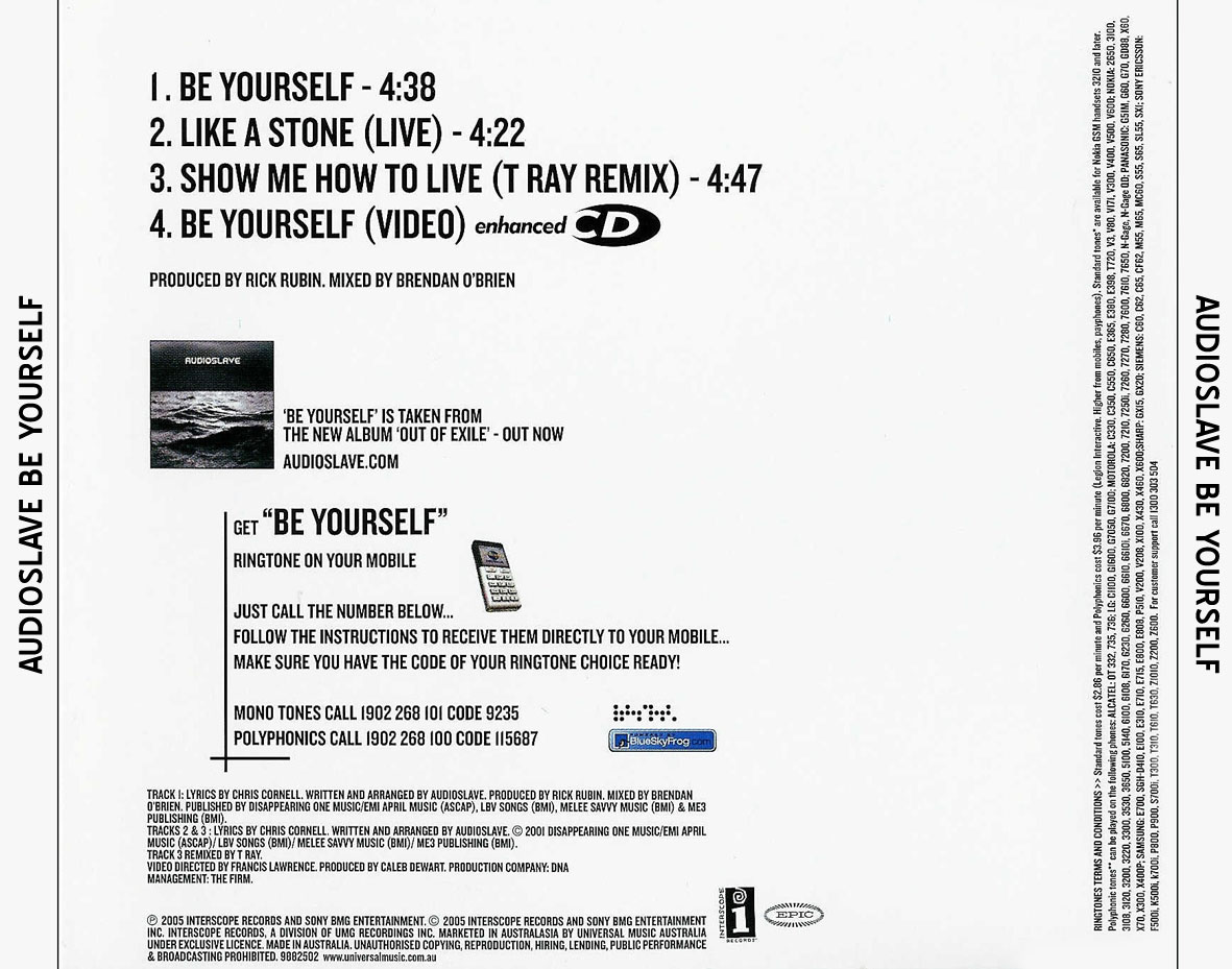 Carátula Trasera de Audioslave - Be Yourself (Cd Single)