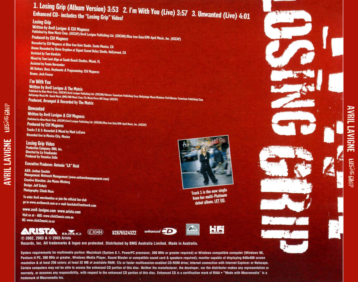 Cartula Trasera de Avril Lavigne - Losing Grip (Cd Single)