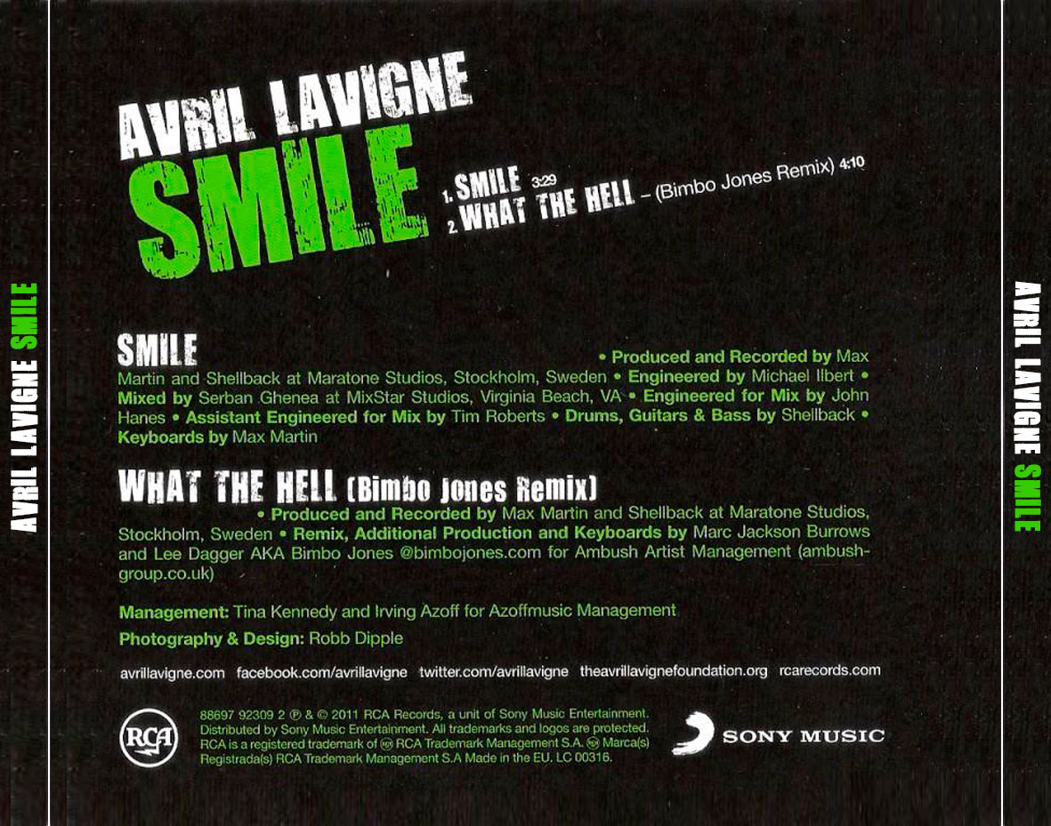 Cartula Trasera de Avril Lavigne - Smile (Cd Single)