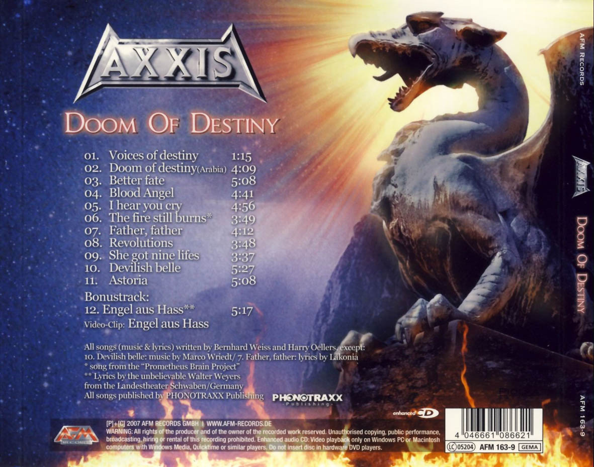 Cartula Trasera de Axxis - Doom Of Destiny