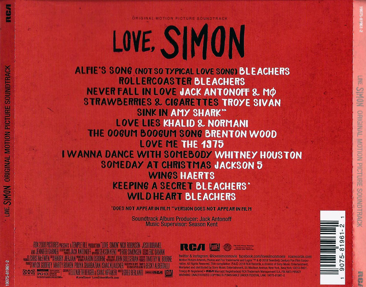 Cartula Trasera de Bso Con Amor, Simon (Love, Simon)