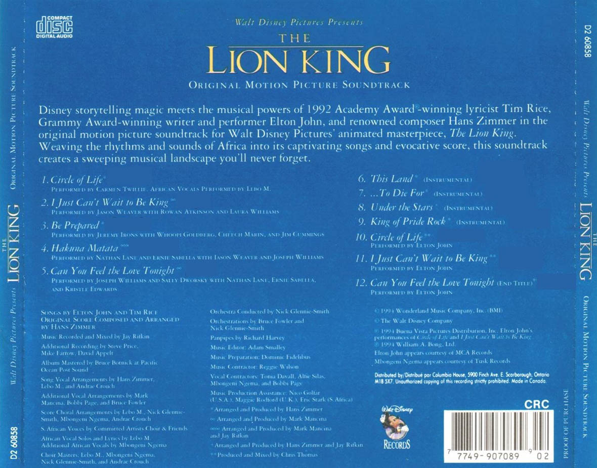Cartula Trasera de Bso El Rey Leon (The Lion King)