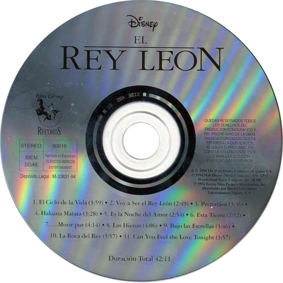 Cartula Cd de Bso El Rey Leon (The Lion King) (Version En Espaol)