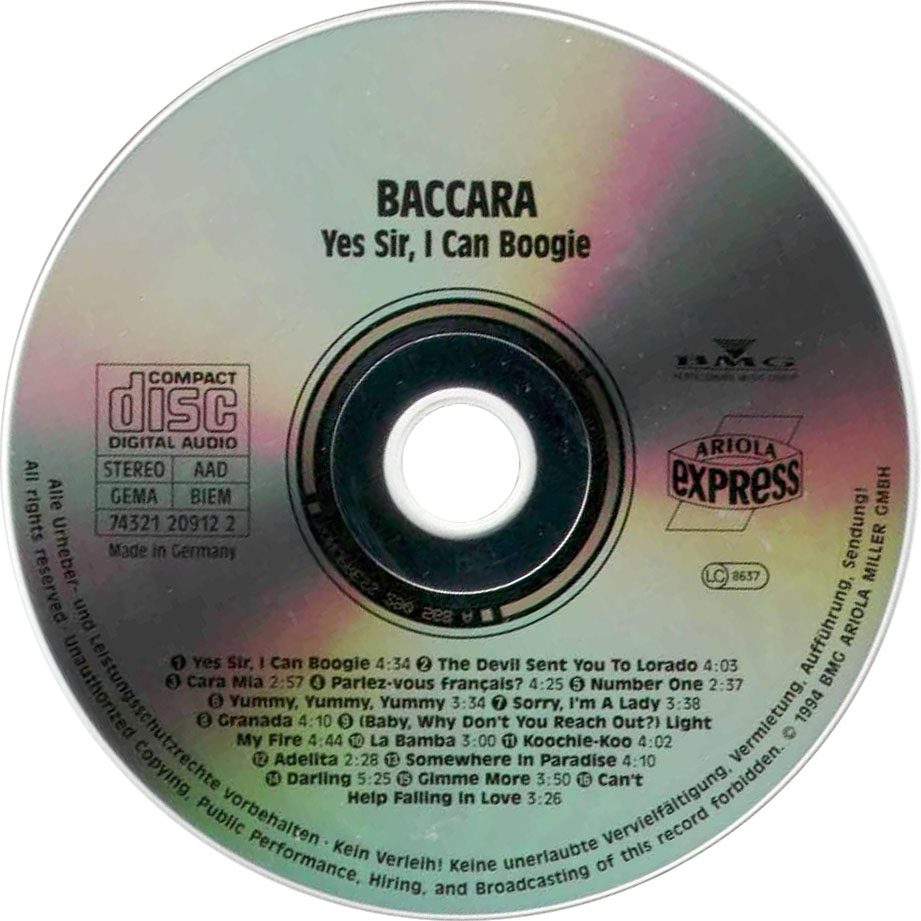 Cartula Cd de Baccara - Yes Sir, I Can Boogie (1994)