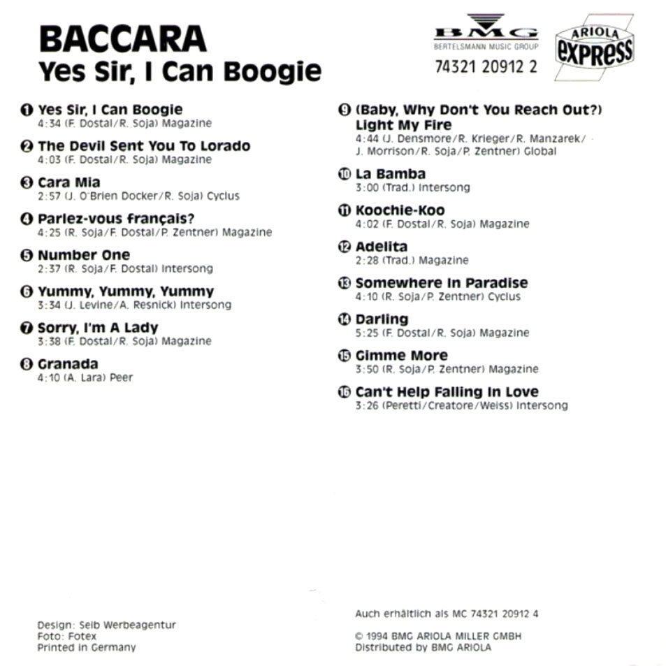 Cartula Interior Frontal de Baccara - Yes Sir, I Can Boogie (1994)