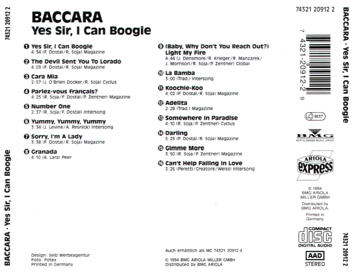 Cartula Trasera de Baccara - Yes Sir, I Can Boogie (1994)